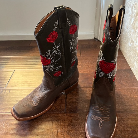 Bota Vaquera Dama Cafe Roses Cowgirl Western Rodeo Womens Square Toe Brown Boots - Picture 5 of 10